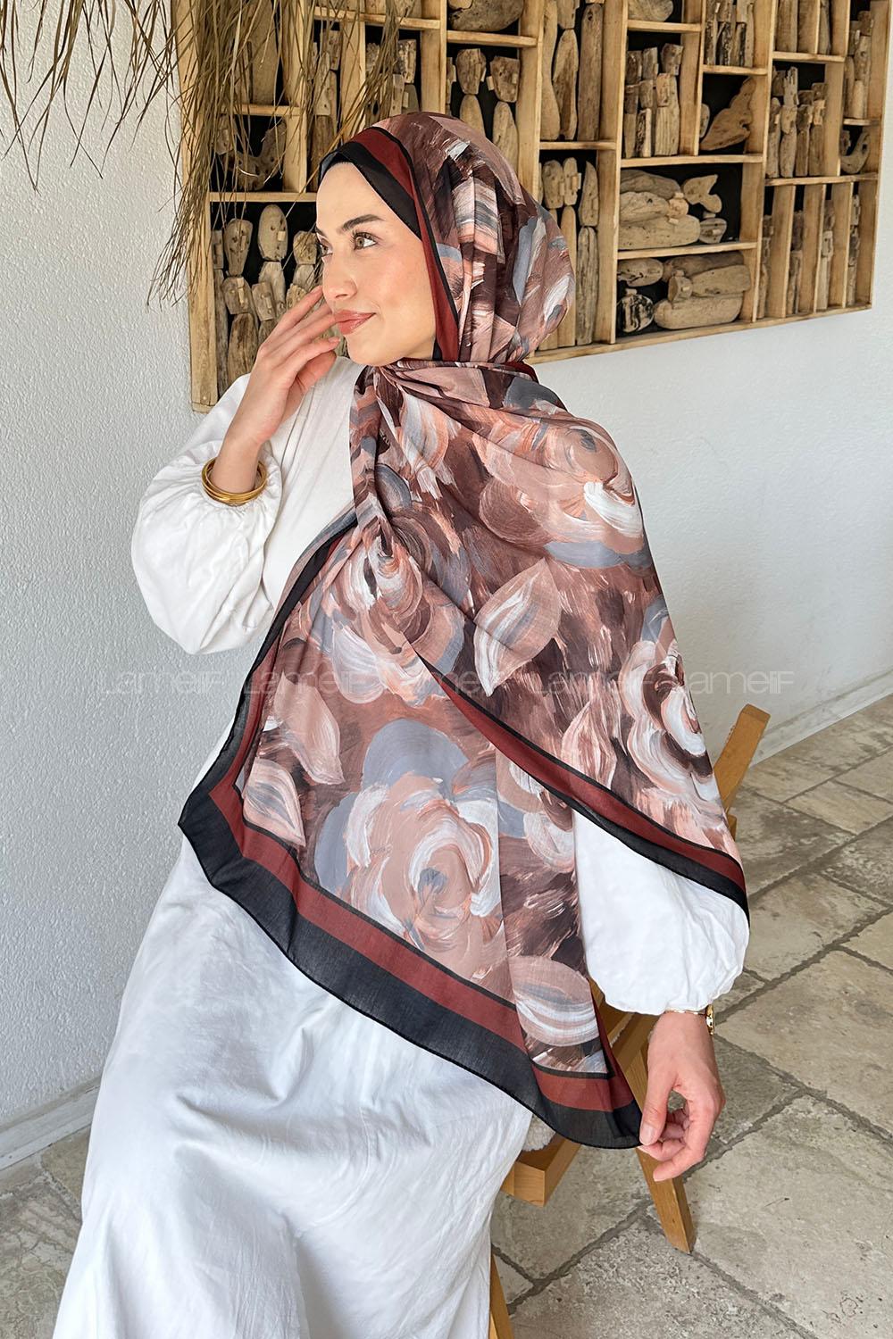 Lamelif Çiçek Desen Pamuk Şal Siyah Kahverengi