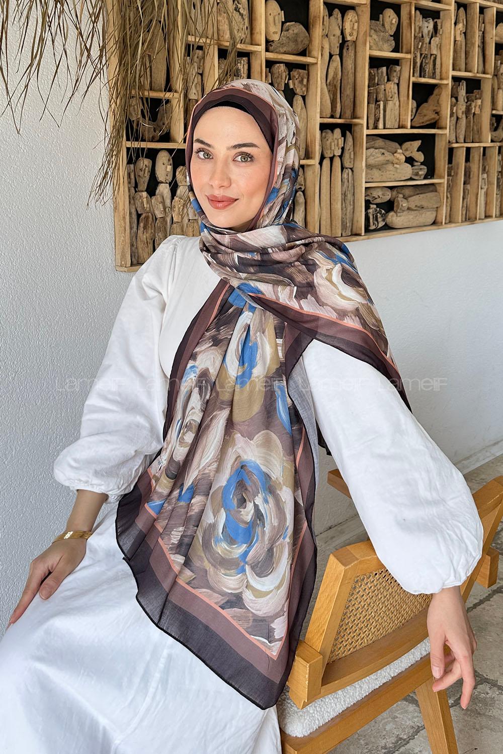 Lamelif Çiçek Desen Pamuk Şal Soft Kahve