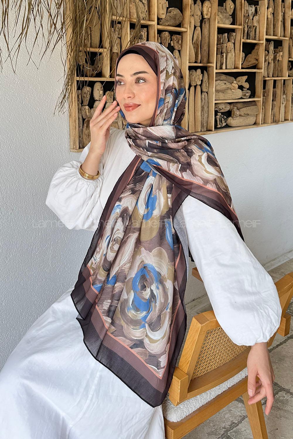 Lamelif Çiçek Desen Pamuk Şal Soft Kahve