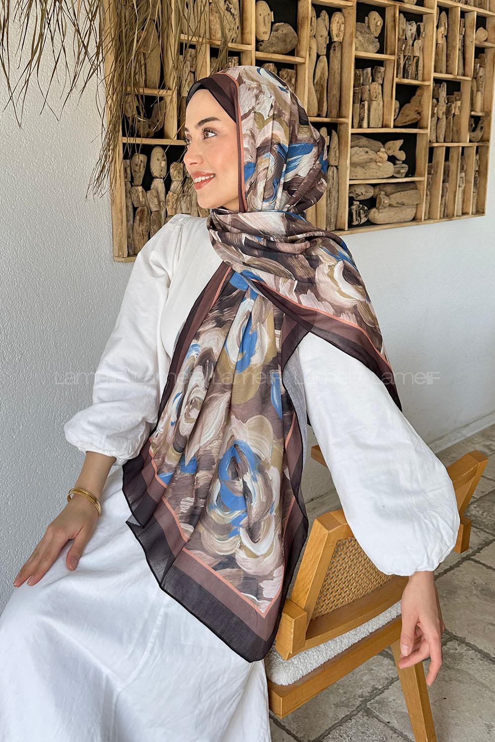 Lamelif Çiçek Desen Pamuk Şal Soft Kahve