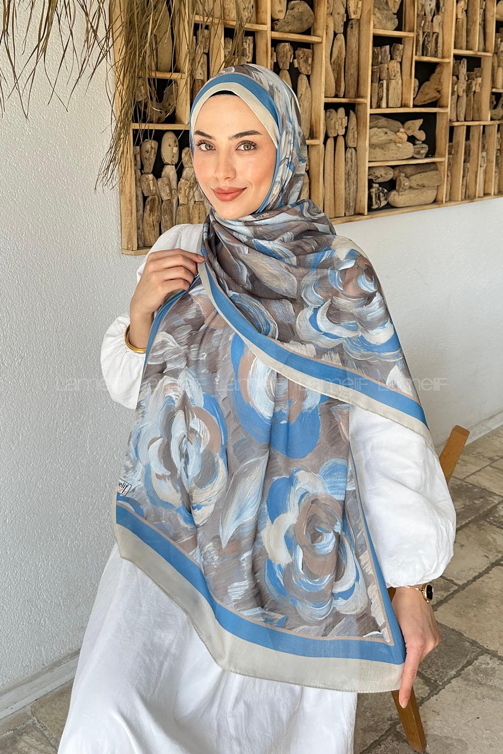 Lamelif Çiçek Desen Pamuk Şal Taş Mavi