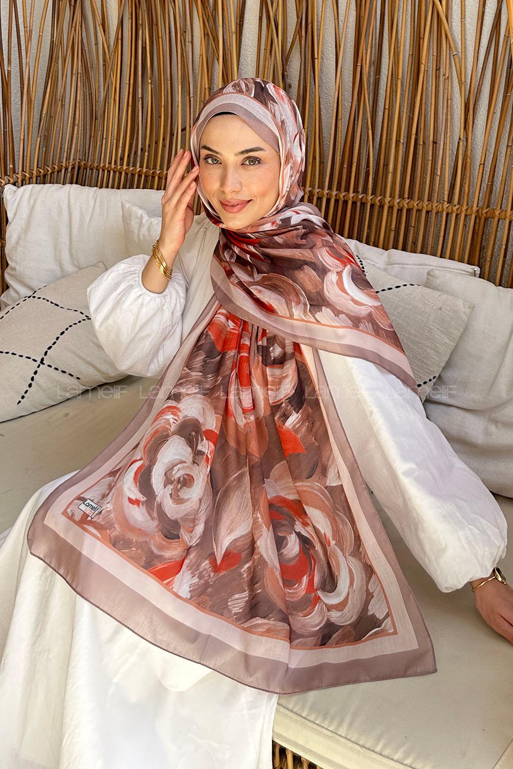 Lamelif Çiçek Desen Pamuk Şal Vizon