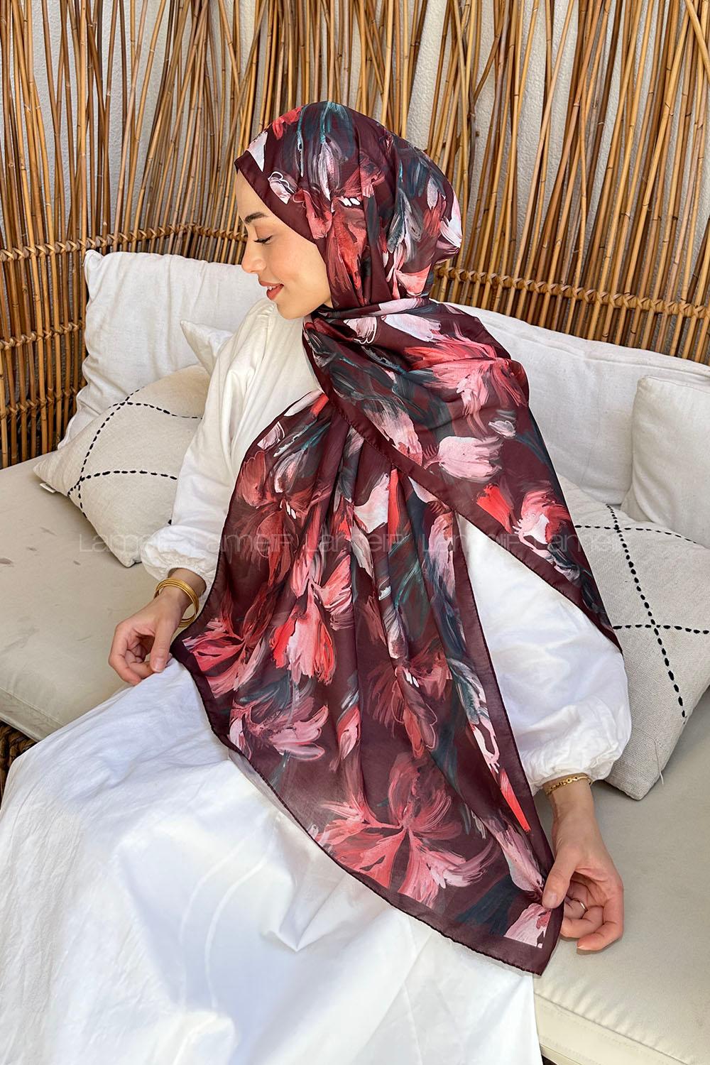 Lamelif Çicek Desen Soft Şal Acı Bordo