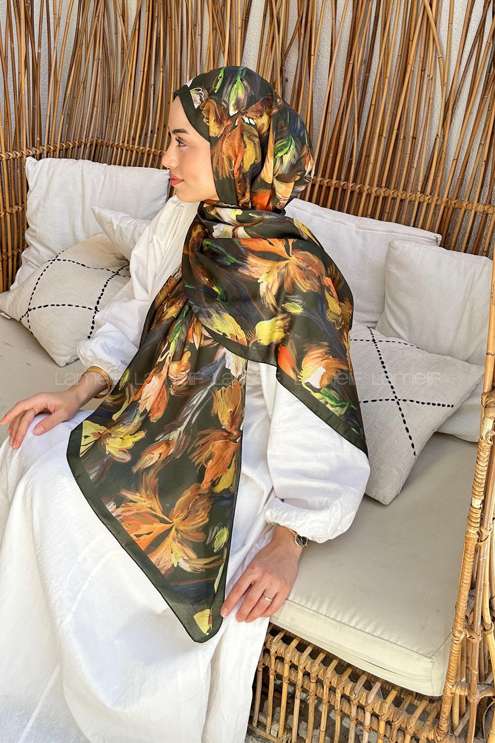 Lamelif Çicek Desen Soft Şal Haki