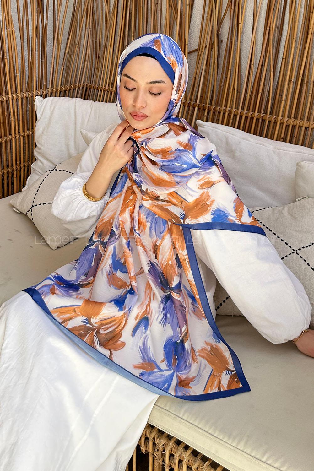 Lamelif Çicek Desen Soft Şal İndigo