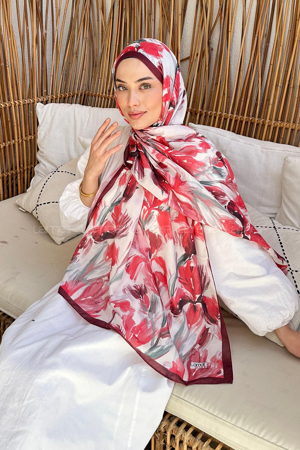 Lamelif Çicek Desen Soft Şal Vişne