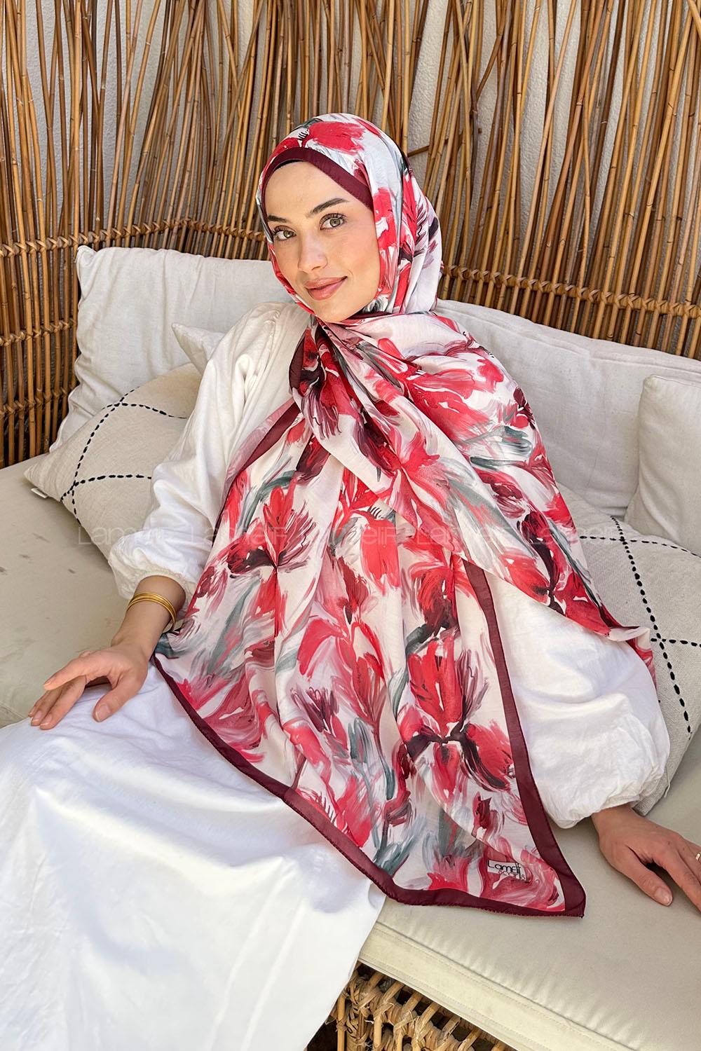 Lamelif Çicek Desen Soft Şal Vişne