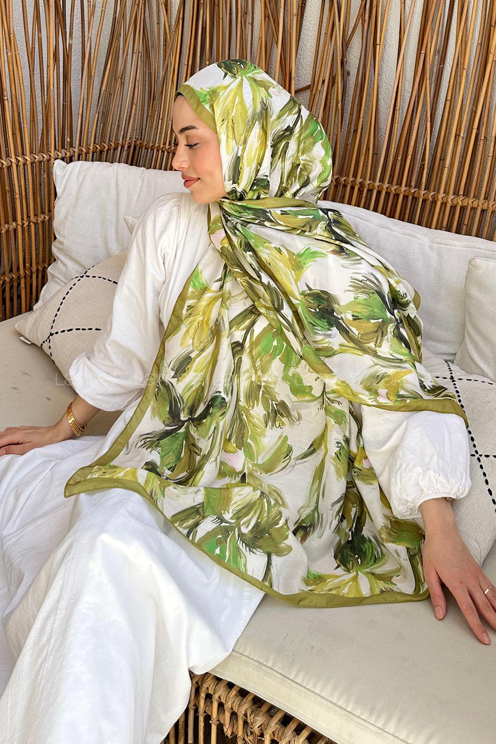 Lamelif Çicek Desen Soft Şal Yağ Yeşili