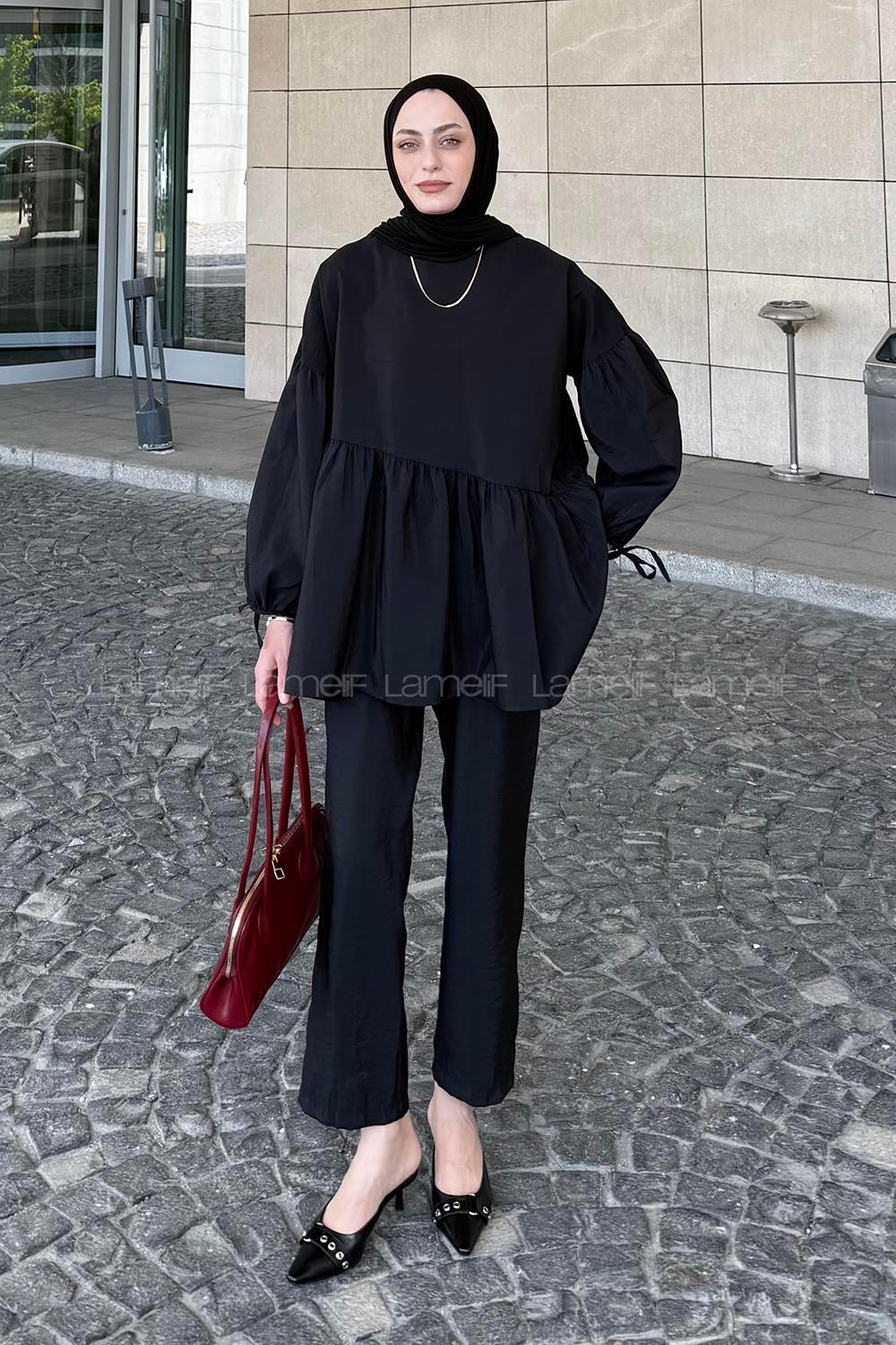 Lamelif Fırfırlı Bluz Pantolon Takım Siyah