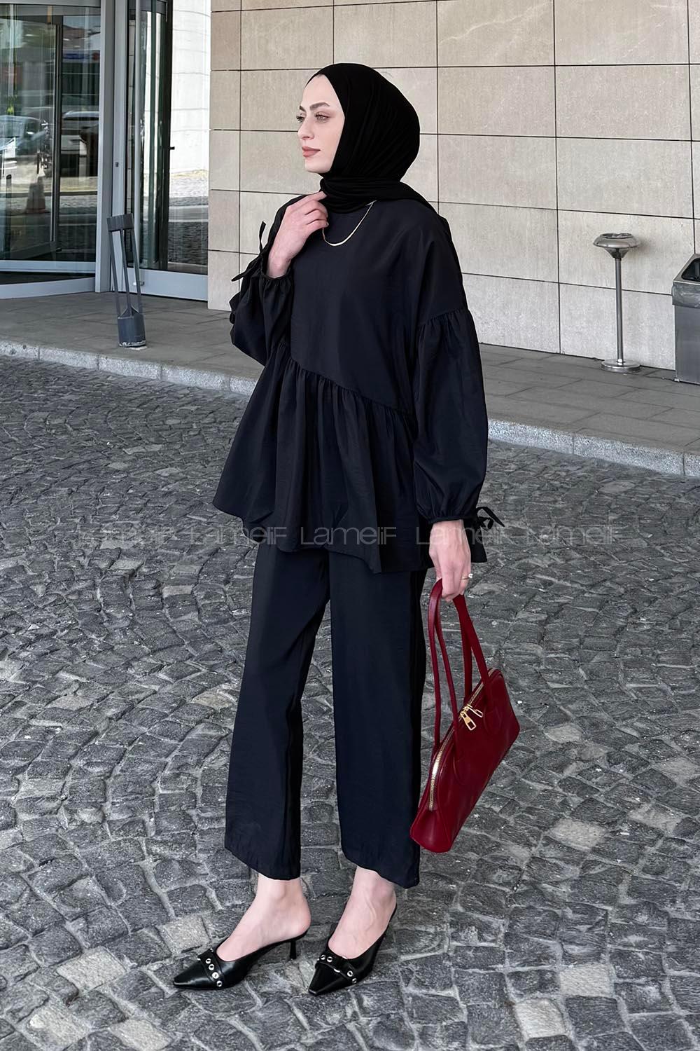 Lamelif Fırfırlı Bluz Pantolon Takım Siyah