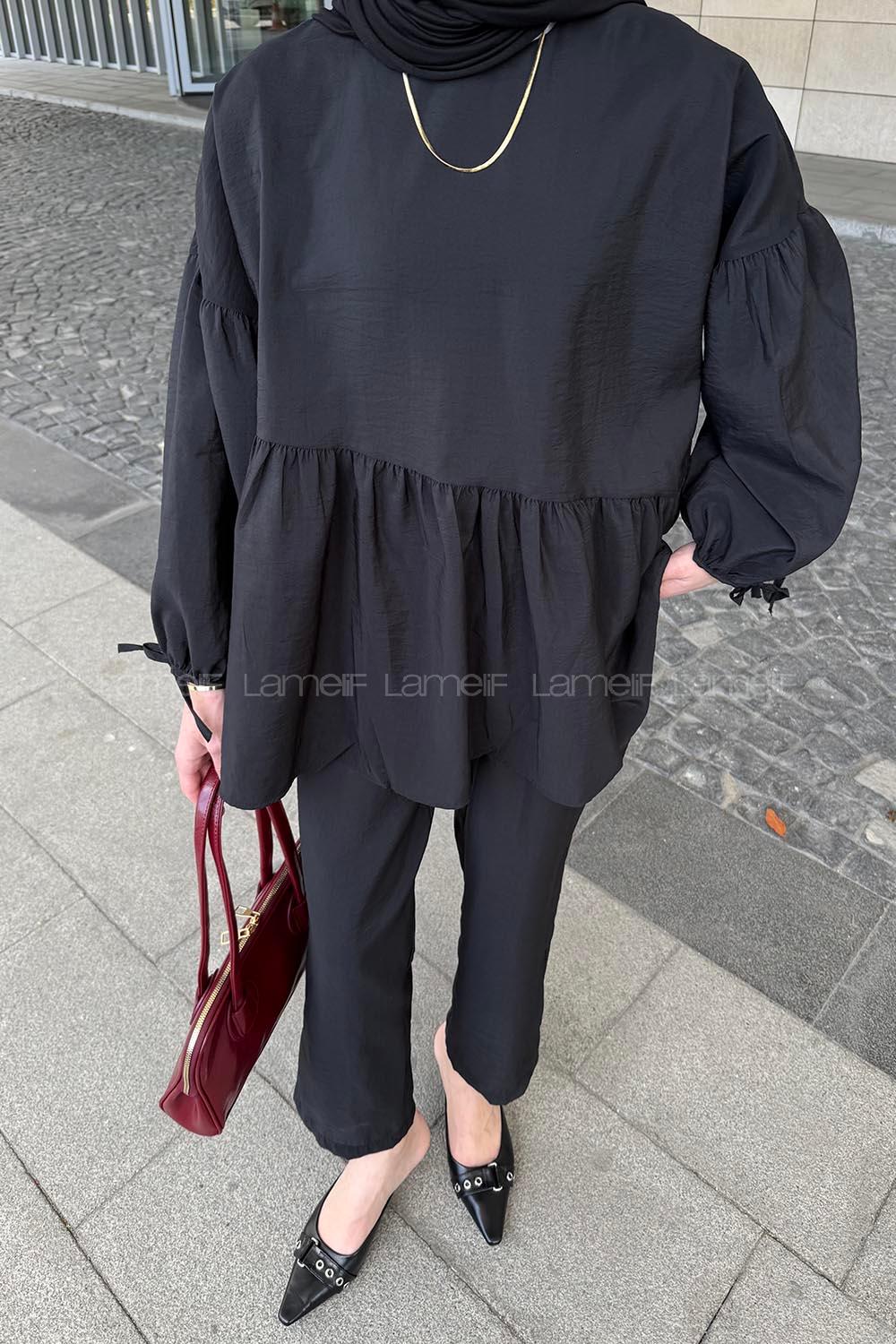 Lamelif Fırfırlı Bluz Pantolon Takım Siyah