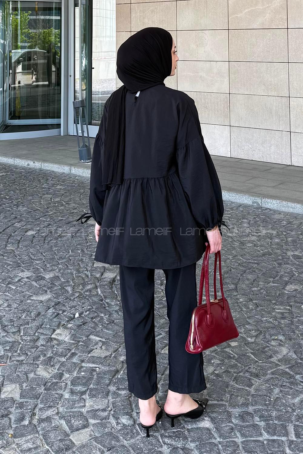 Lamelif Fırfırlı Bluz Pantolon Takım Siyah