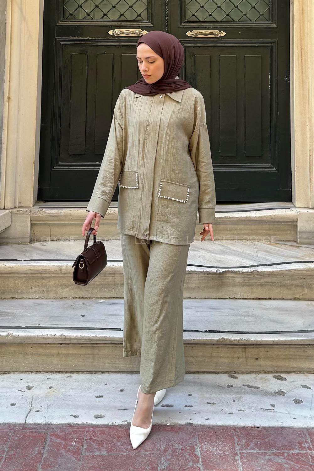 Lamelif İnci Detaylı Tunik-Pantolonlu Tesettür Takım Haki