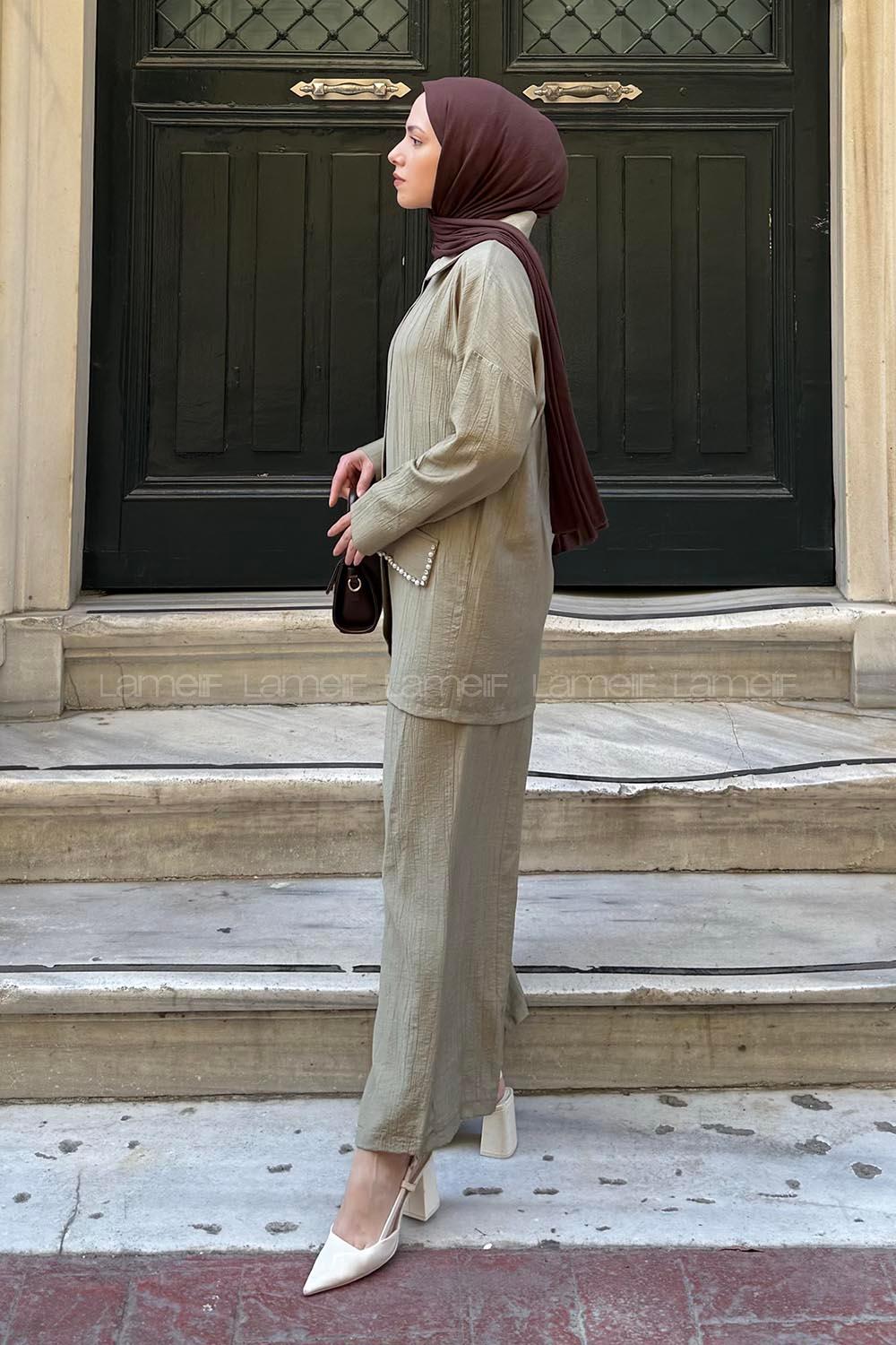 Lamelif İnci Detaylı Tunik-Pantolonlu Tesettür Takım Haki