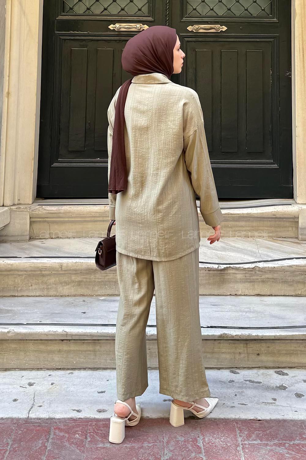 Lamelif İnci Detaylı Tunik-Pantolonlu Tesettür Takım Haki