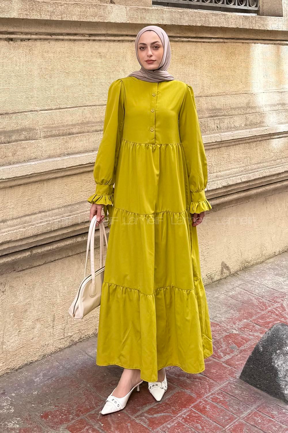 Lamelif Kol Bağlama Detaylı Tesettür Elbise Yağ yeşili