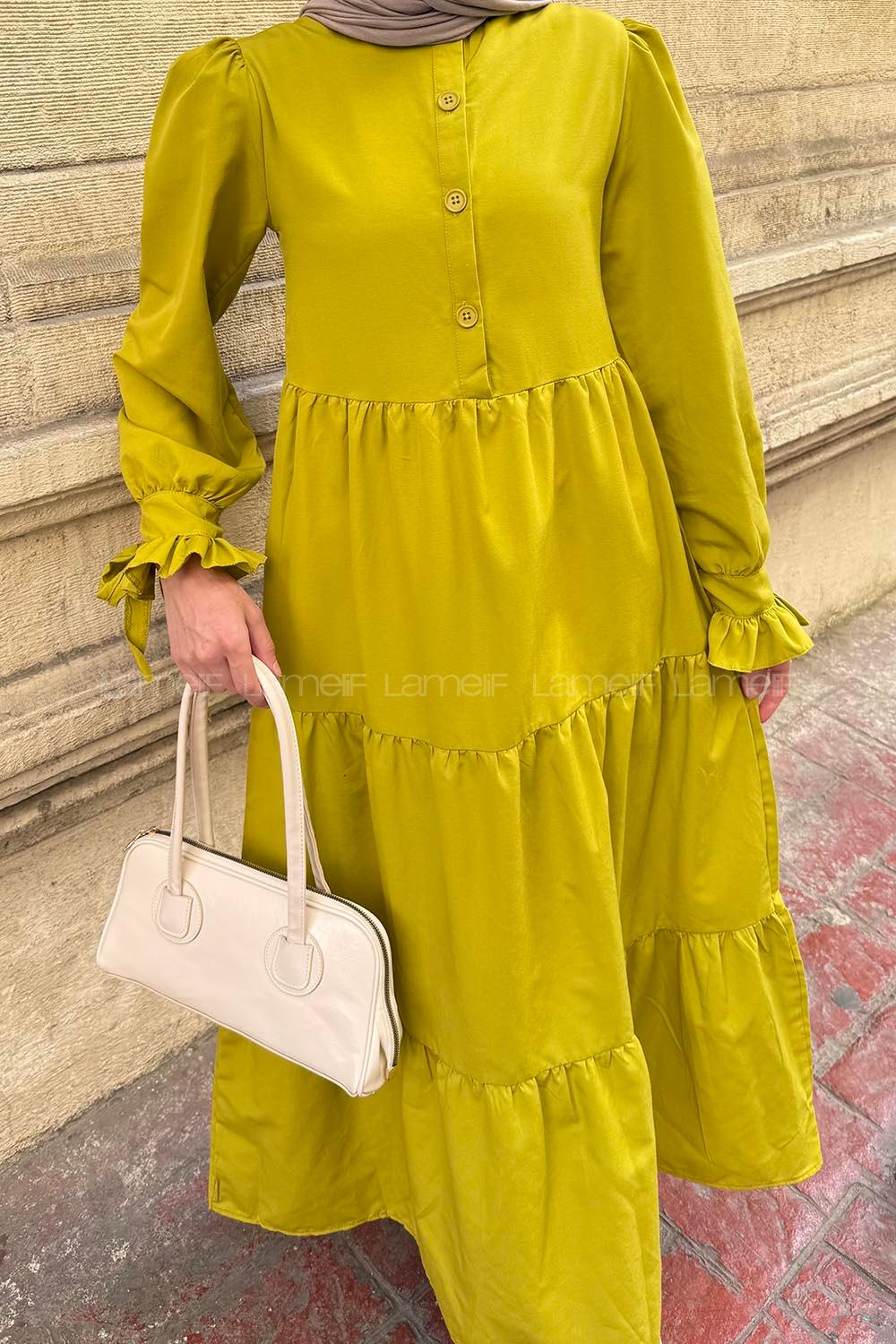 Lamelif Kol Bağlama Detaylı Tesettür Elbise Yağ yeşili