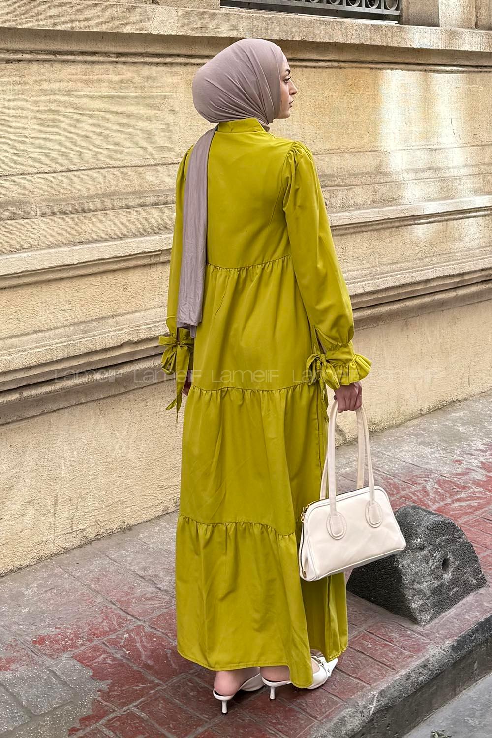 Lamelif Kol Bağlama Detaylı Tesettür Elbise Yağ yeşili