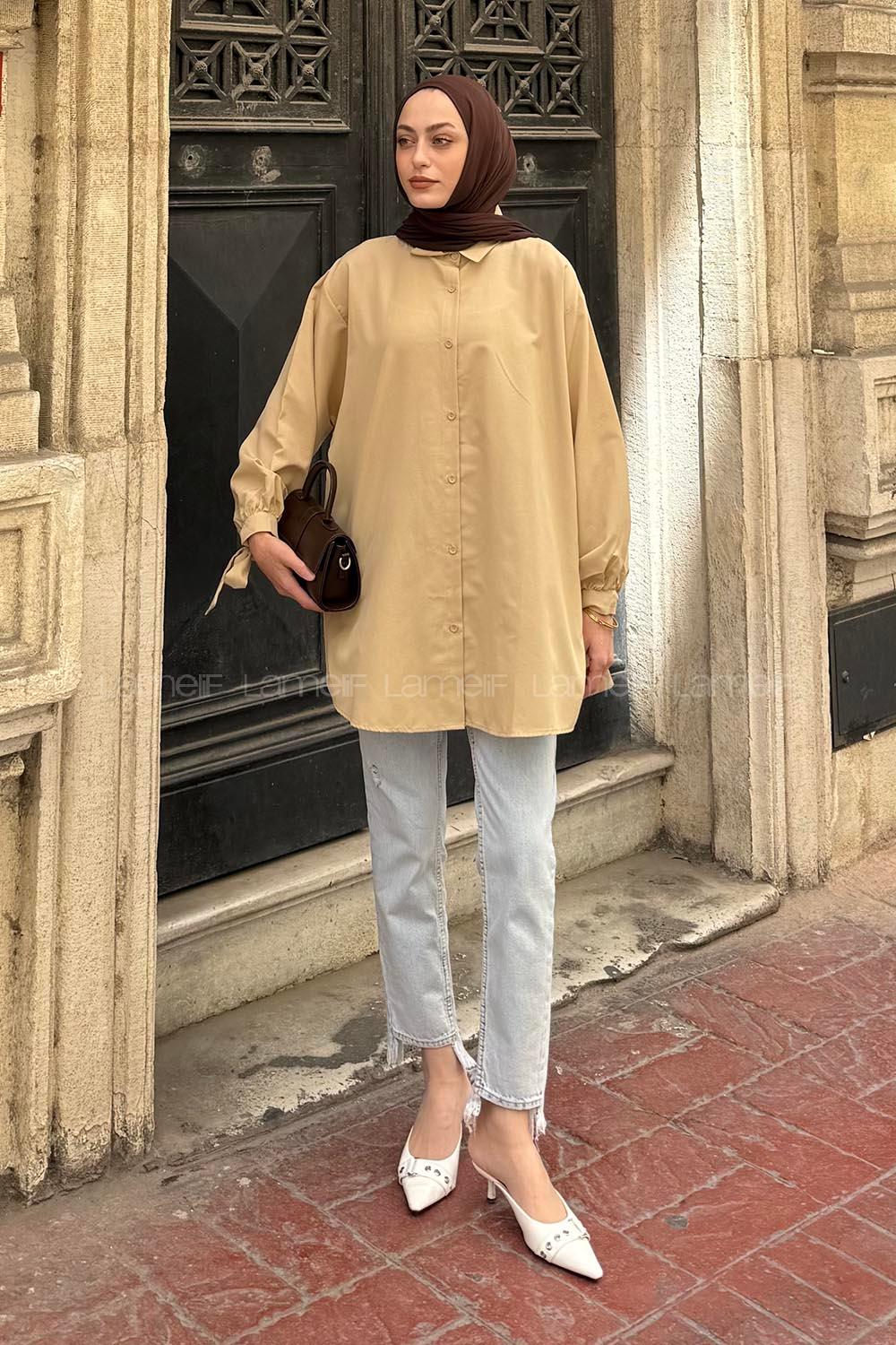 Beige Shirt Collar Long Arm Cotton Shirt