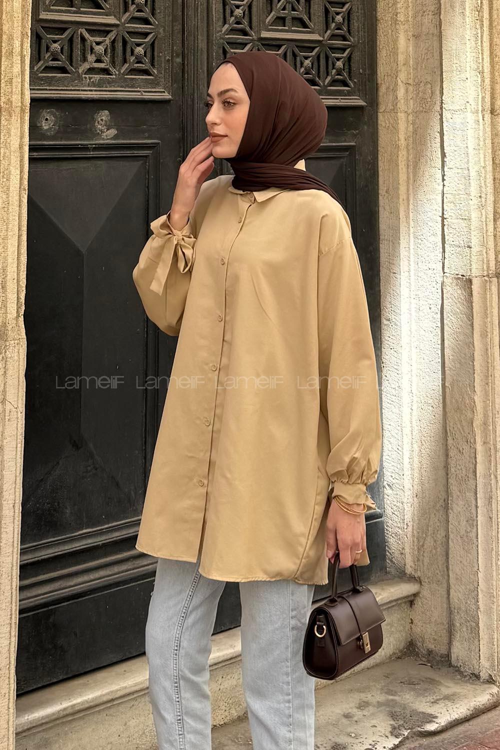 Beige Shirt Collar Long Arm Cotton Shirt