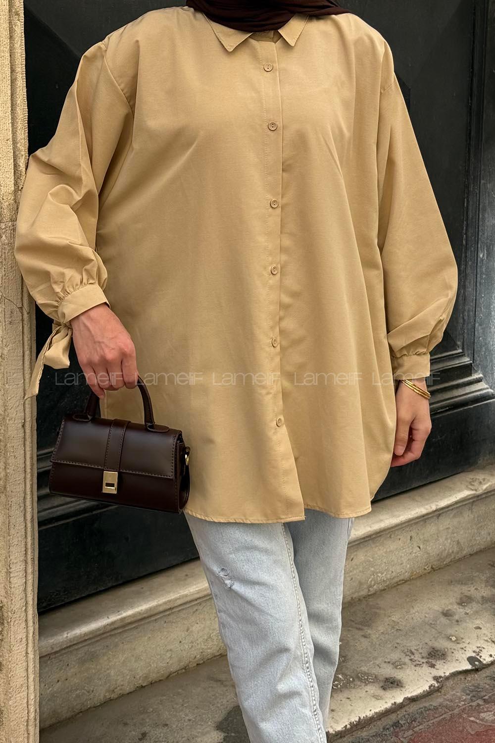 Beige Shirt Collar Long Arm Cotton Shirt