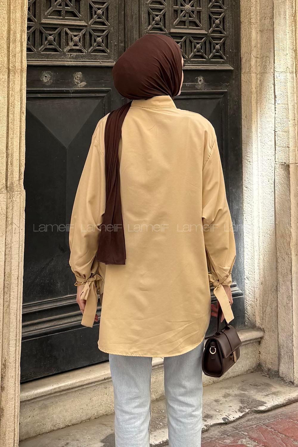 Beige Shirt Collar Long Arm Cotton Shirt
