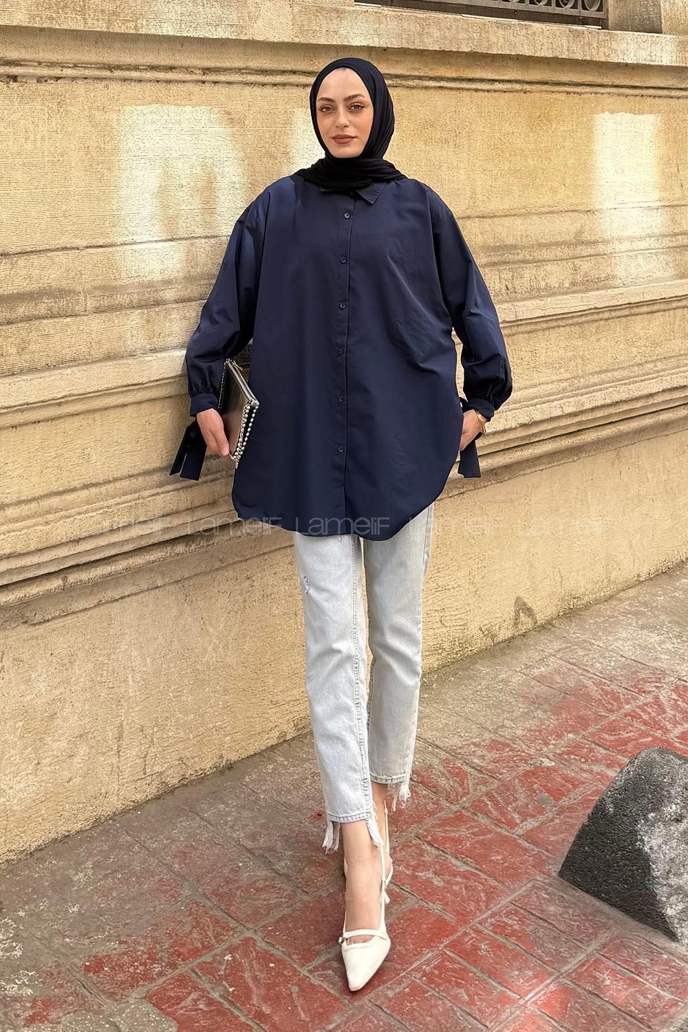 Navy Blue Shirt Collar Long Arm Cotton Shirt