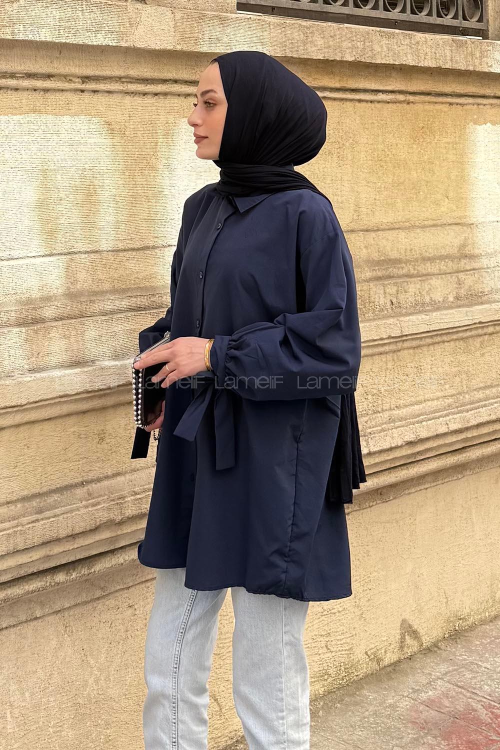 Navy Blue Shirt Collar Long Arm Cotton Shirt