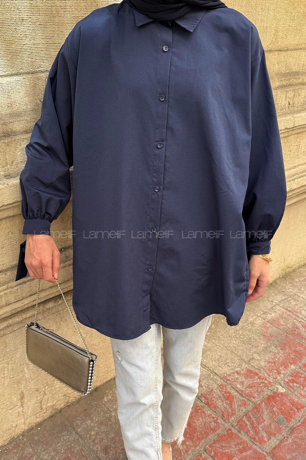 Navy Blue Shirt Collar Long Arm Cotton Shirt