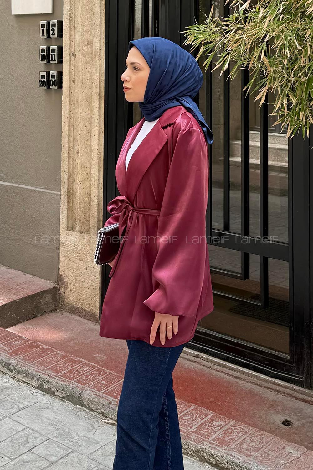 Lamelif Kuşaklı Organze Ceket Bordo