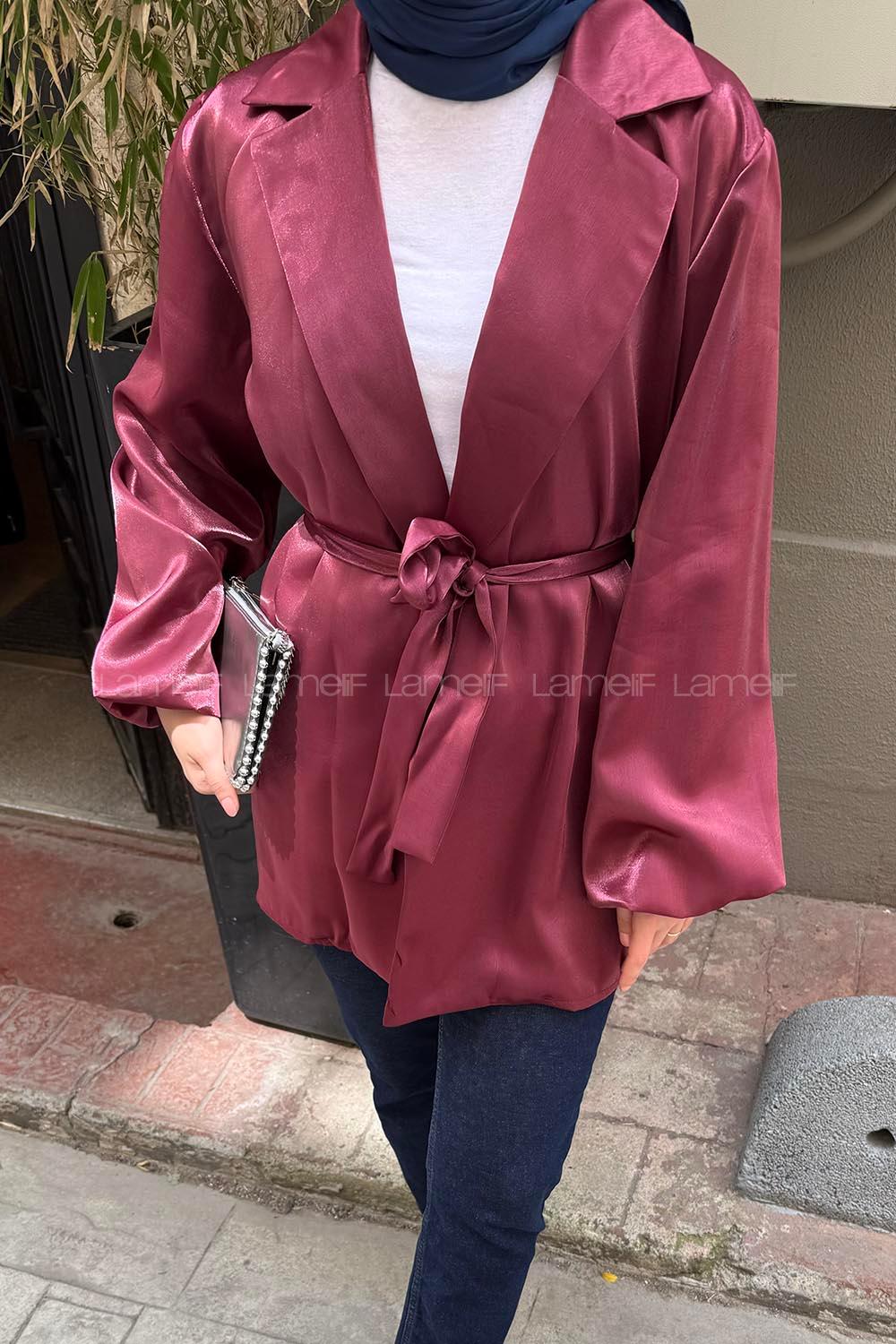 Lamelif Kuşaklı Organze Ceket Bordo