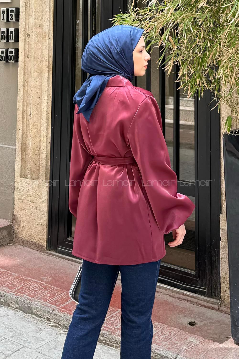 Lamelif Kuşaklı Organze Ceket Bordo