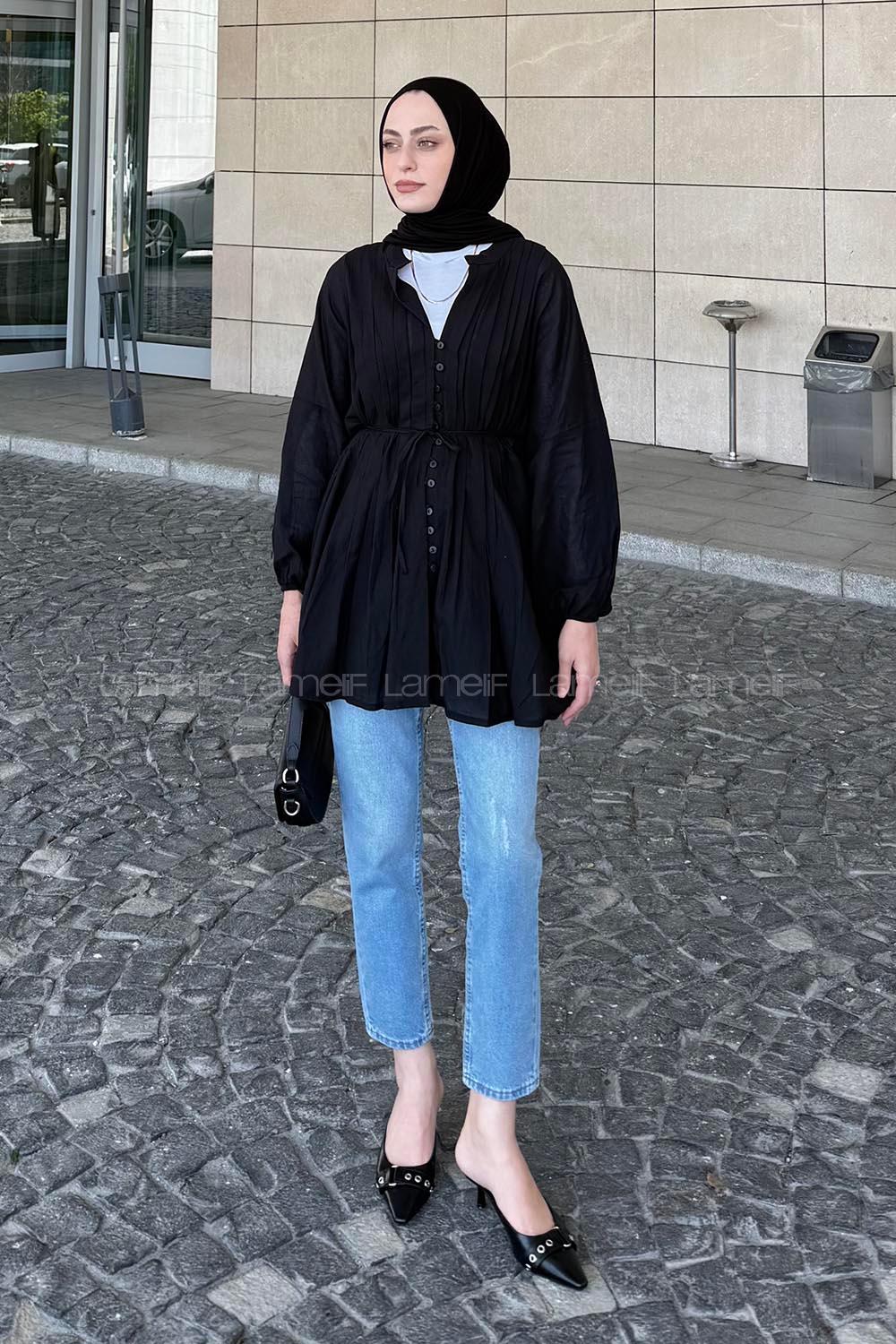 Lamelif Ön Pens Detaylı Vual Gömlek Siyah