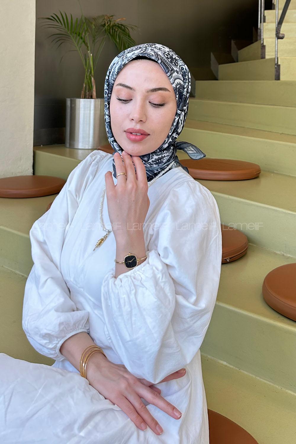 Anthracite Cotton Fabric Striped Flowering Straight Printed Scarf