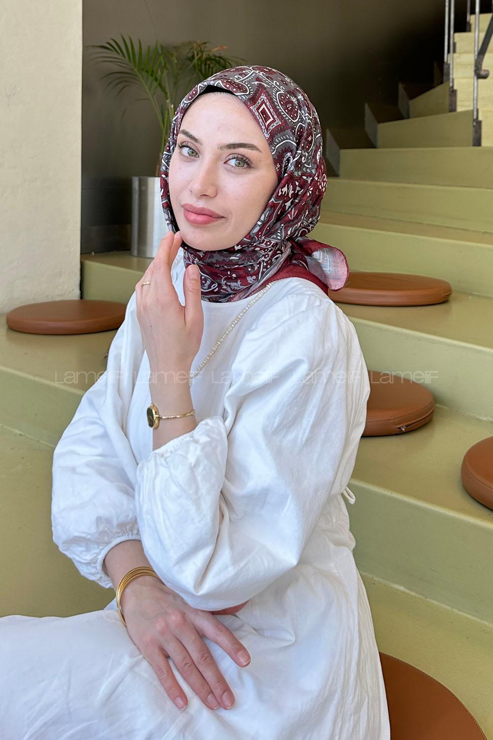 Lamelif Retro Desen Soft Eşarp Bordo