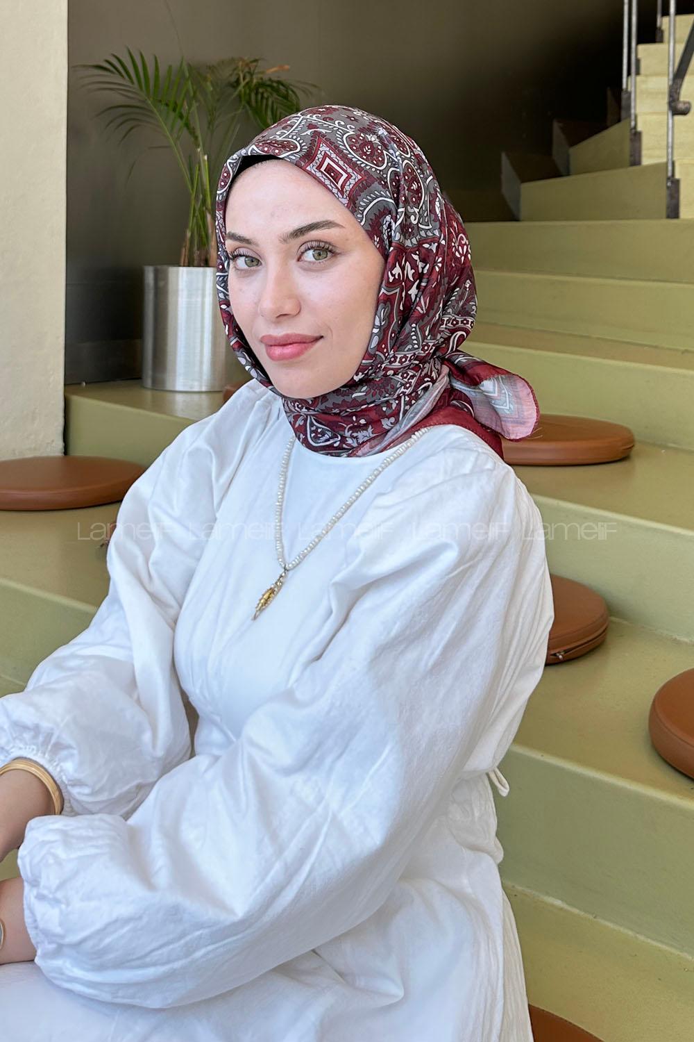 Lamelif Retro Desen Soft Eşarp Bordo