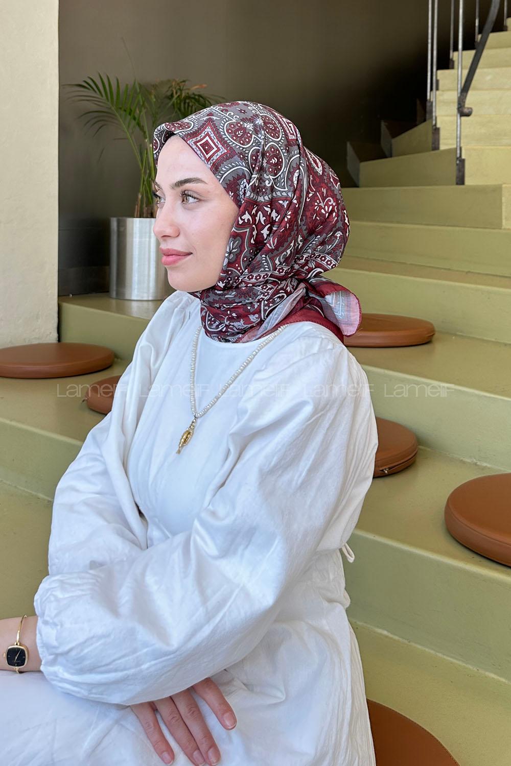 Lamelif Retro Desen Soft Eşarp Bordo