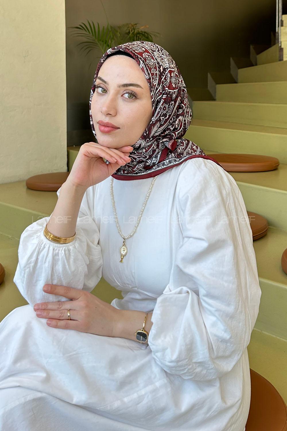 Lamelif Retro Desen Soft Eşarp Bordo