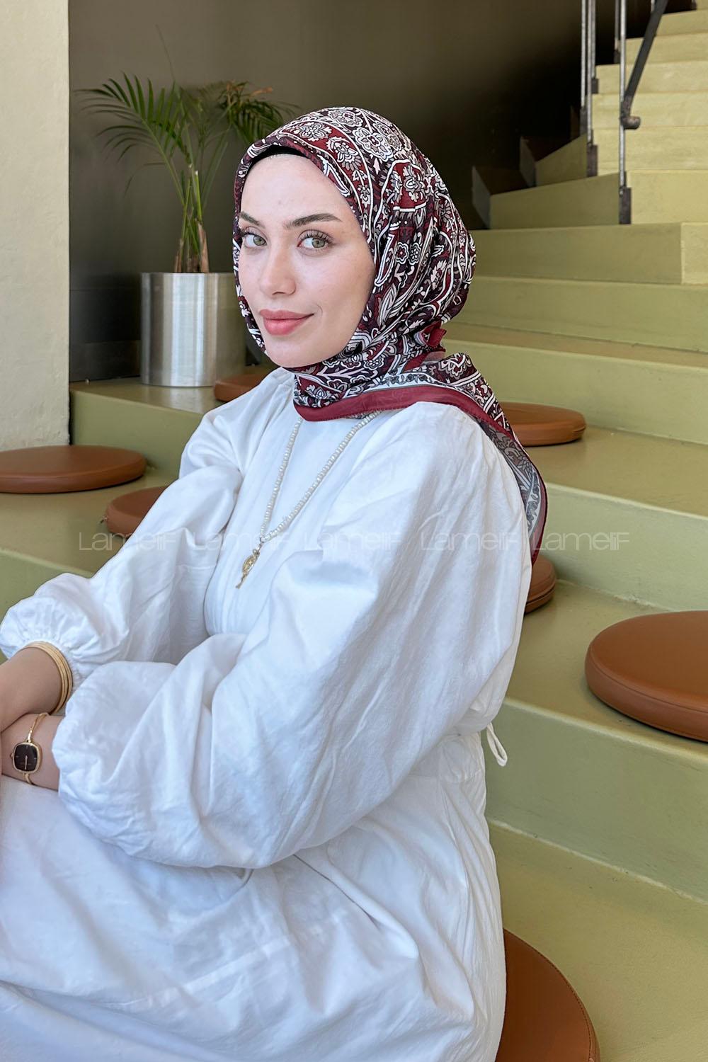 Lamelif Retro Desen Soft Eşarp Bordo