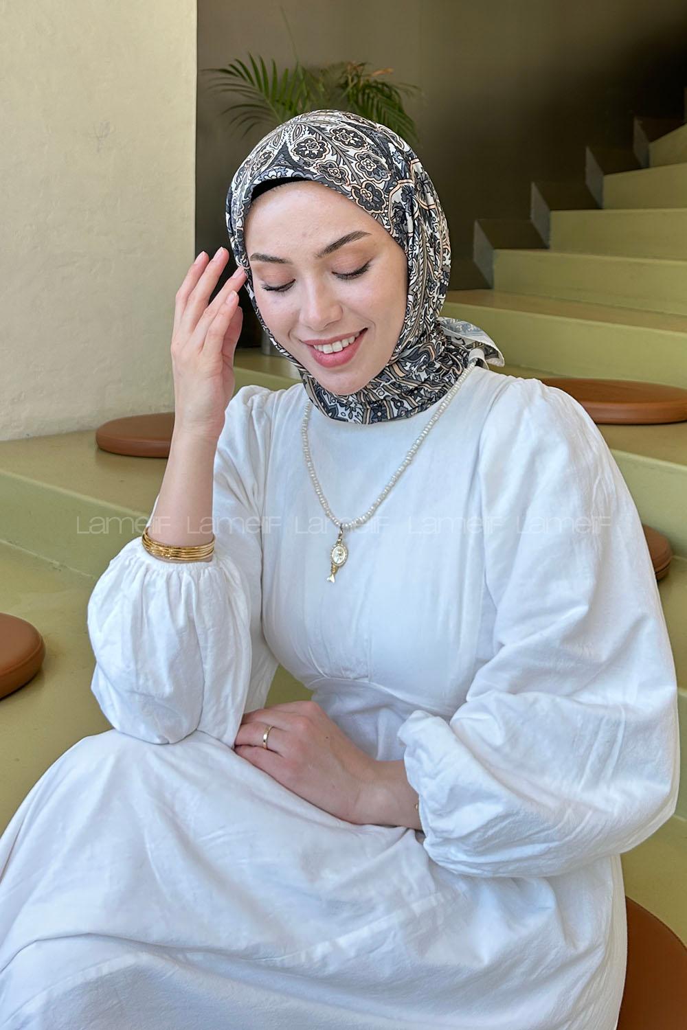 Lamelif Retro Desen Soft Eşarp Camel Ekru