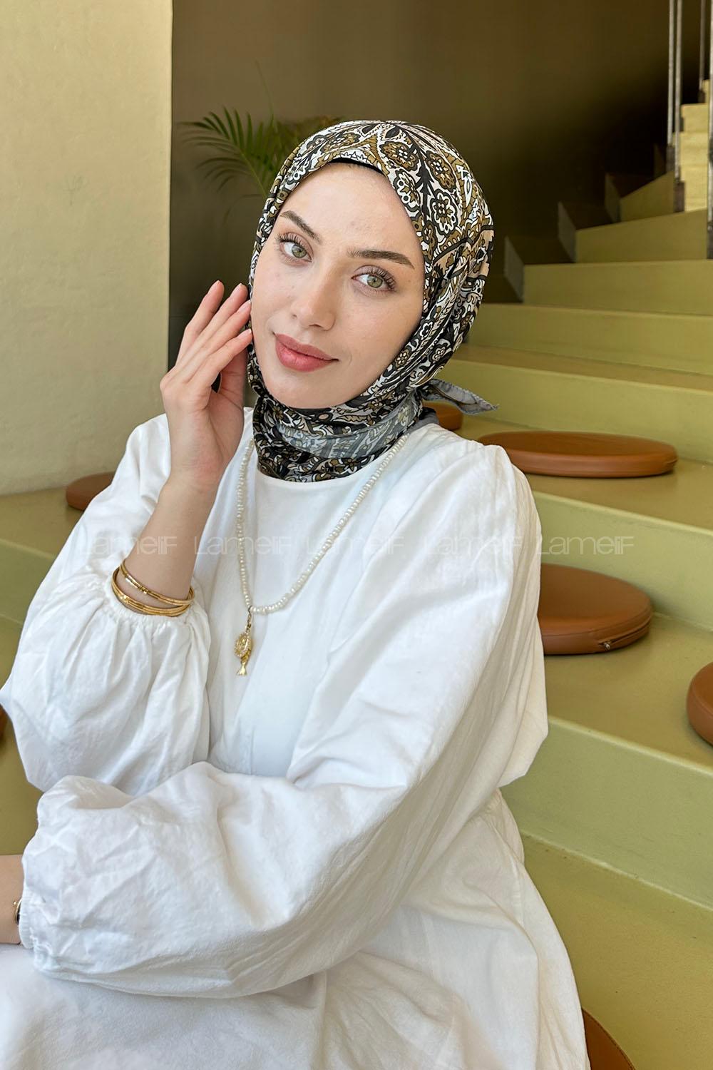 Lamelif Retro Desen Soft Eşarp Füme Camel