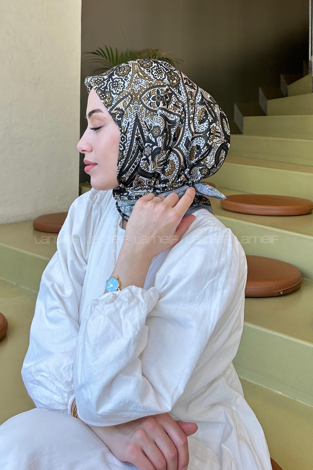 Lamelif Retro Desen Soft Eşarp Füme Camel