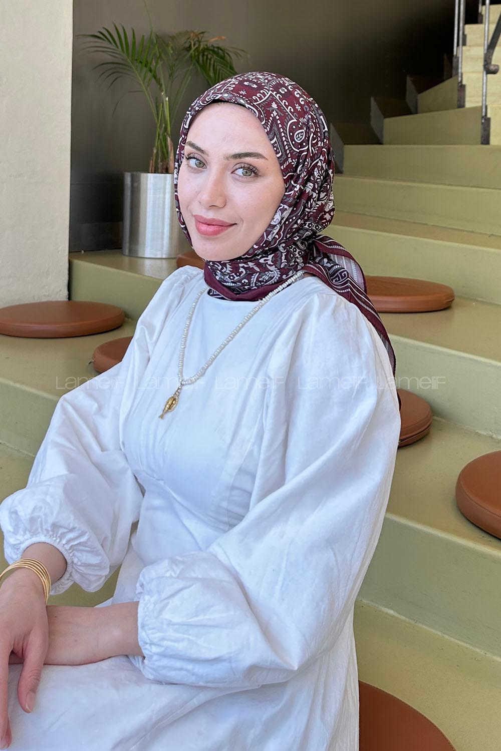 Lamelif Retro Desen Soft Eşarp Koyu Bordo