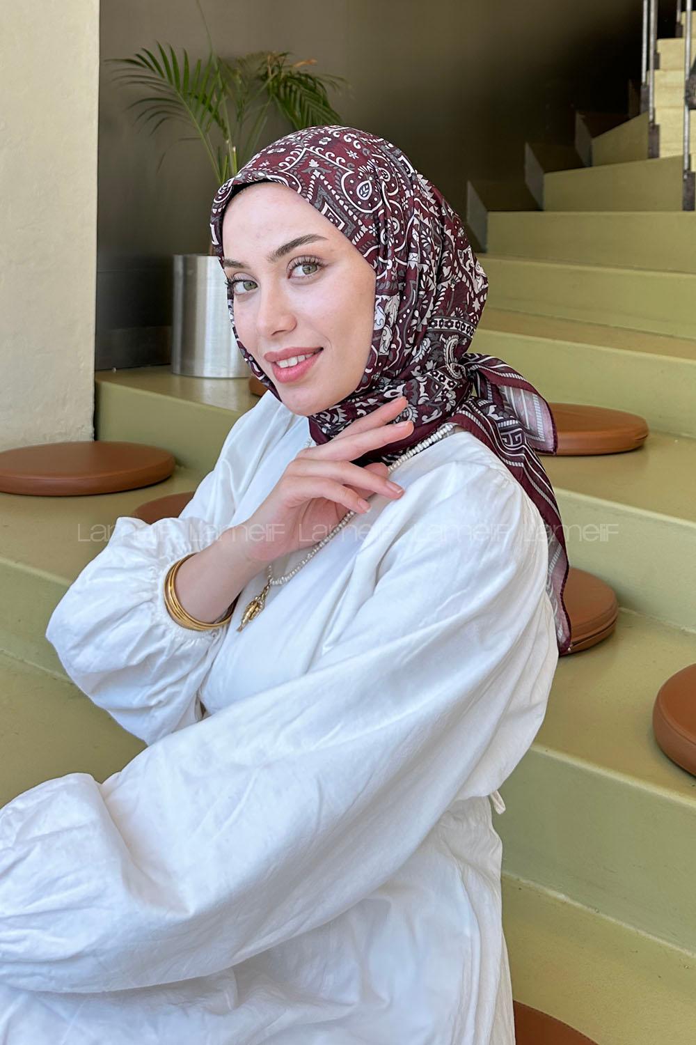 Lamelif Retro Desen Soft Eşarp Koyu Bordo