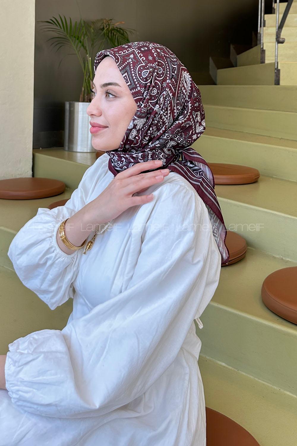 Lamelif Retro Desen Soft Eşarp Koyu Bordo