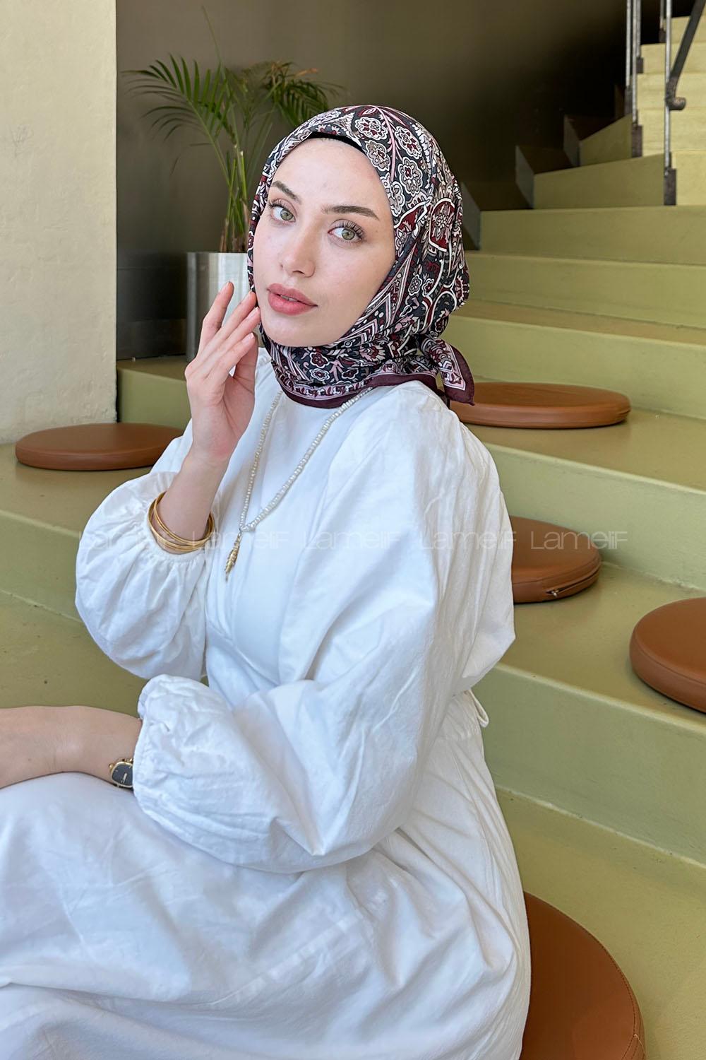 Lamelif Retro Desen Soft Eşarp Koyu Bordo