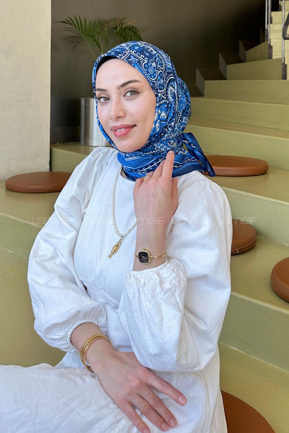 Lamelif Retro Desen Soft Eşarp Lacivert