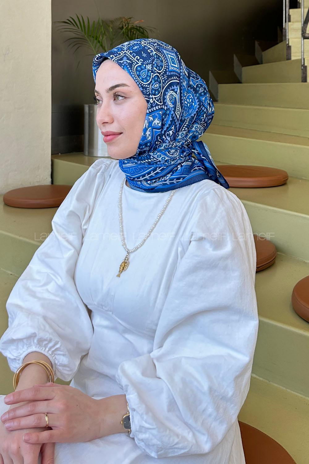 Lamelif Retro Desen Soft Eşarp Lacivert