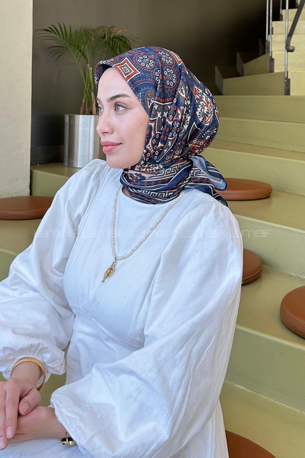 Lamelif Retro Desen Soft Eşarp Lacivert Kiremit