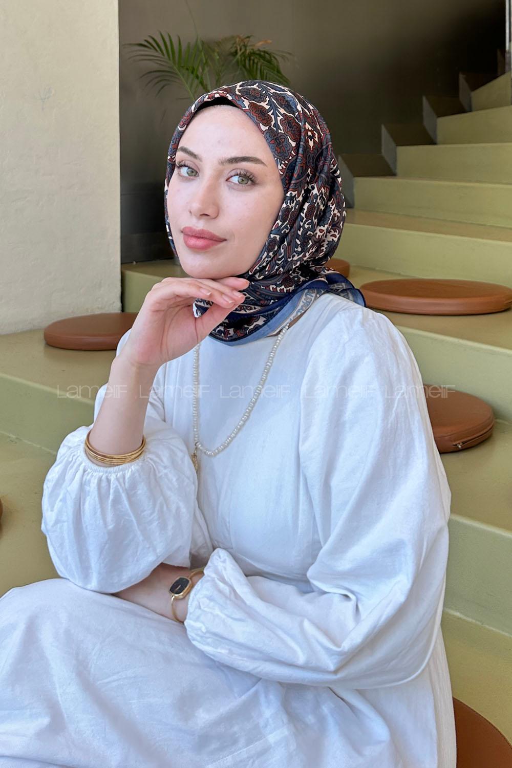 Lamelif Retro Desen Soft Eşarp Lacivert Kiremit